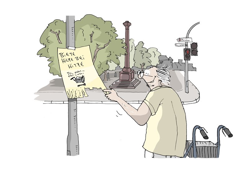 Älterer Mann vor einem Zettel mit der Aufschrift „Biete Hilfe bei Hitze“. Illustration: Hannes Mercker