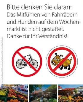 Plakat Keine Hunde und Fahrräder auf den Wochenmärkten. Bild: Stadt Oldenburg