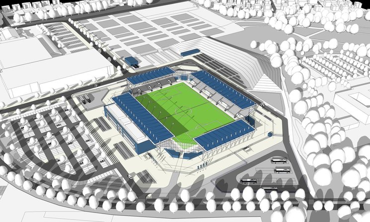 So könnte das neue Stadion an der Maastrichter Straße aussehen. Das Modell zeigt ein Basisstadion mit einer Kapazität von 7.500 Plätzen. Entwurf: AS + P
