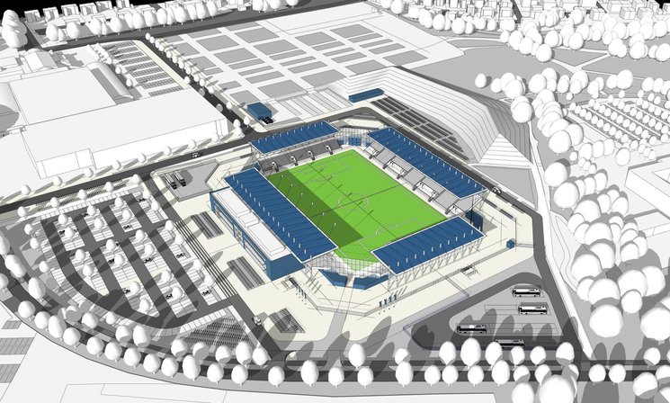 So könnte das neue Stadion an der Maastrichter Straße aussehen. Das Modell zeigt ein Basisstadion mit einer Kapazität von 7.500 Plätzen. Entwurf: AS + P