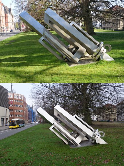 Stadt Oldenburg „Laokoon“, Volkmar Haase, 1977. Vor der Reinigung oben, nach der Reinigung unten. Foto: Stadt Oldenburg