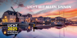 Oldenburger Hafen in Abenddämmerung und Hinweis auf die LICHT-Konferenz 2025. Foto: LiTG