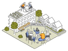 Illustration zum Thema Quartierstreff mit unterschiedlichen Bildelementen. Illustration: Jennifer van de Sandt 