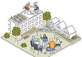 Illustration zum Thema Quartierstreff mit unterschiedlichen Bildelementen. Illustration: Jennifer van de Sandt 