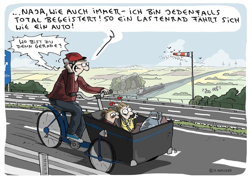 Cartoon mit Lastenrad auf der Huntebrücke auf der Autobahn 29. Illustration: Hannes Mercker