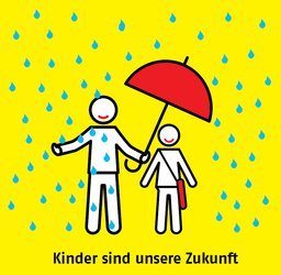 Piktogramm mit einem großen Menschen, der einen Regenschirm über ein Kind hält (Kinder sind unsere Zukunft). Bild: migrantas