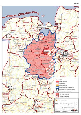 In der Landkarte werden die Oberzentren Oldenburg, Wilhelmshaven, Osnabrück, die Mittelzentren mit oberzentraler Teilfunktion Lingen, Delmenhorst Emden sowie das Oberzentrum Land Bremen dargestellt.  Es erfolgt eine Unterteilung der Zuordnung der Gemeinden zu 100 Prozent beziehungsweise zu 50 Prozent in den Kongruenzraum des Oberzentrums Stadt Oldenburg. Das bedeutet, dass die Kaufkraft der jeweiligen Einwohner entsprechend berücksichtigt wird.  Die Abgrenzung des oberzentralen Kongruenzraues umfasst den Landkreis Ammerland zur Gänze. Aus dem Landkreis Wesermarsch gehören die Gemeinden Jade, Stadland, Brake, Ovelgönne sowie die Stadt Elsfleth zu 100 Prozent und die Gemeinde Berne zu 50 Prozent dazu; Die nördlichsten Gemeinden Butjardingen und Nordenham wurden nicht dem oberzentralen Kongruenzraum der Stadt Oldenburg zugeordnet. Die Gemeinde Varel wird zu 50 Prozent dem oberzentralen Kongruenzraum Stadt Oldenburg zugeordnet. Der Landkreis Cloppenburg ohne die Gemeinden Löningen und Essen (in Oldenburg) ist dem oberzentralen Kongruenzraum der Stadt Oldenburg zugeordnet genauso wie die Gemeinden Hatten, Wardenburg und Großenkneten aus dem Landkreis Oldenburg. Die Gemeinden Hude, Dötlingen und Wildenhausen wurden nur zu 50 Prozent zugeordnet.  Die Gemeinden Vechta und Bakum werden zu 100 Prozent, die Gemeinden Visbek und Goldenstedt zu 50 Prozent dem Oldenburger Kongruenzraum zugerechnet. Grafik: Stadt Oldenburg