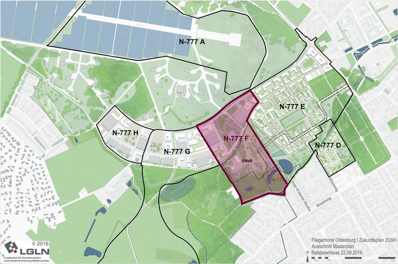 Masterplan Fliegerhorst mit markiertem Bebauungsplan N-777 F. Quelle: Machleidt/LGLN/Stadt Oldenburg