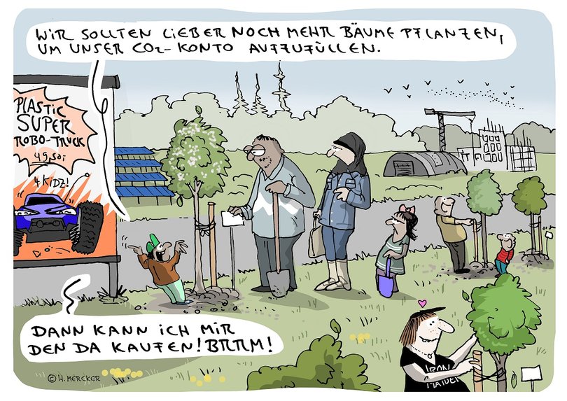 Cartoon mit Menschen, die Bäume pflanzen, um ihre Treibhausgas-Emissionen zu kompensieren. Illustration: Hannes Mercker