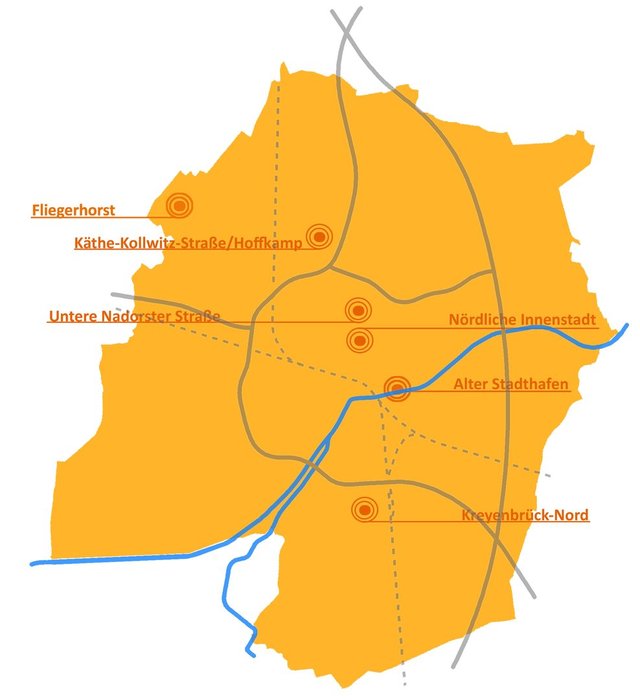 Grafik über die derzeit fünf laufenden Stadterneuerungsgebiete. Grafik: Stadt Oldenburg