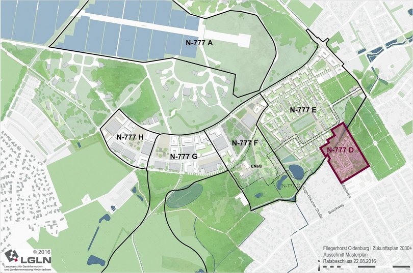 Masterplan Fliegerhorst mit markiertem Bebauungsplan N-777 D. Quelle: Machleidt/LGLN/Stadt Oldenburg