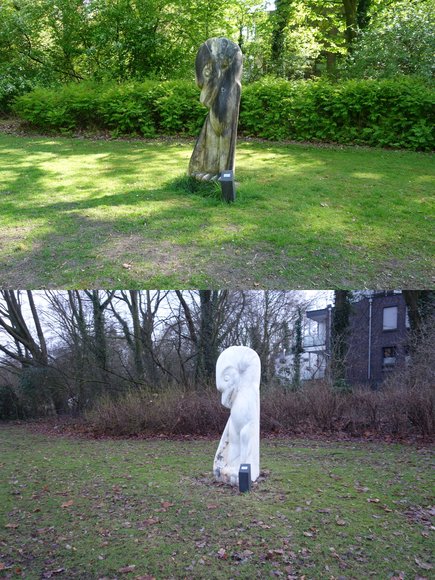 Stadt Oldenburg „Cachaya Condor“, Isidro Gutiérrez Alfaro, 1979. Vor der Reinigung oben, nach der Reinigung unten. Foto: Stadt Oldenburg