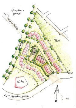 In einem Teil des Helleheide-Quartiers plant die Stadt das Projekt ModellFlieger – exklusiv für Baugemeinschaften, klima- und familienfreundlich und vor allem bezahlbar. Grafik: Stadt Oldenburg