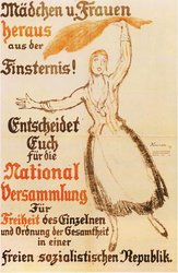 Plakat von 1919: „Mädchen und Frauen heraus aus der Finsternis! Entscheidet Euch für die National Versammlung. Für Freiheit des Einzelnen und Ordnung der Gesamtheit in einer freien sozialistischen Republik.“ Foto: Historisches Museum Frankfurt