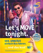 Plakatwerbung für SEB. Junger Mann im Discooutfit in einem Bus. Quelle: VWG