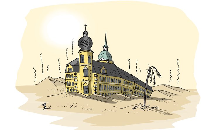 Das Oldenburger Schloss im Wüstensand. Illustration: Hannes Mercker