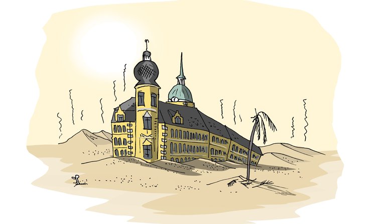 Das Oldenburger Schloss im Wüstensand. Illustration: Hannes Mercker