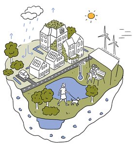 Illustration zum Thema Klimaresilienz mit unterschiedlichen Bildelementen. Illustration: Jennifer van de Sandt 