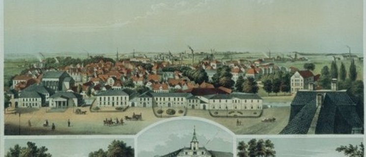 Ansicht der Stadt Oldenburg vom Schlossturm nach Norden, Carl Hertzog, Farblithografie, um 1862. Quelle: Carl Hertzog