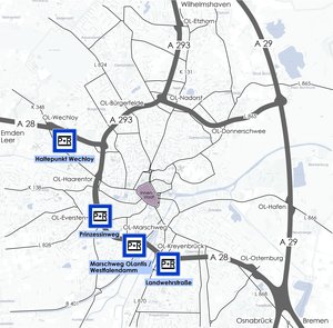 Übersichtskarte der P+R-Standorte in Oldenburg. Foto: Stadt Oldenburg Übersichtskarte der P+R-Standorte in Oldenburg. Foto: Stadt Oldenburg