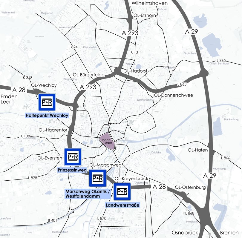 Übersichtskarte der P+R-Standorte in Oldenburg. Foto: Stadt Oldenburg