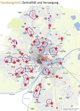 Standorte von geplanten Stadtteilzentren in Oldenburg. Grafik: Stadt Oldenburg Standorte von geplanten Stadtteilzentren in Oldenburg. Grafik: Stadt Oldenburg