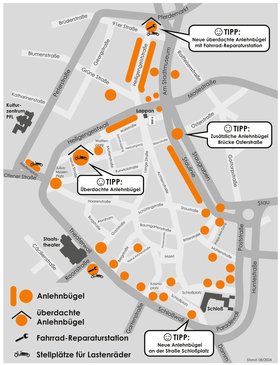 Plan mit Fahrradabstellmöglichkeiten in der Innenstadt. Grafik: Stadt Oldenburg