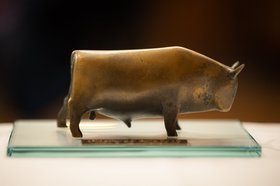 Der Oldenburger Wirtschafts- und Wissenschaftspreis „Oldenburger Bulle“ auf einem Glassockel. Foto: Mohssen Assanimoghaddam