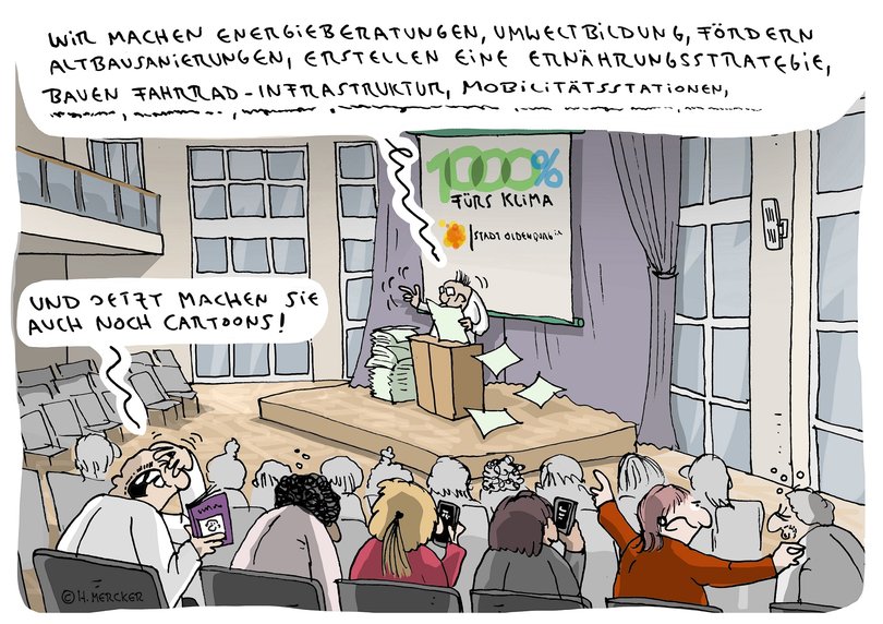 Cartoon mit einer Person vom Klimaschutz, die über Klimaschutzangebote referiert. Illustration: Hannes Mercker