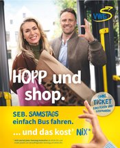 Plakatwerbung für SEB. Frau und Mann mit Einkaufstüten in einem Bus. Quelle: VWG