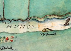 Historische Karte, in die der Heidenwall eingezeichnet ist. Johann Conrad Musculus, Federzeichnung, koloriert, aus: Der Deichatlas von 1625/26. Quelle: Staatsarchiv Oldenburg