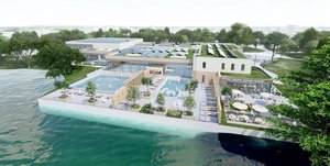 So könnte das neue Sport- und Gesundheitsbad am Flötenteich von der Seeseite aus aussehen. Foto: Geising + Böker So könnte das neue Sport- und Gesundheitsbad am Flötenteich von der Seeseite aus aussehen. Foto: Geising + Böker