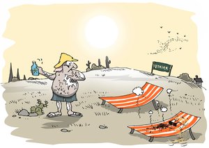 Mann schmiert sich mit Sonnencreme ein. Neben ihm zwei Liegen, wo auf einer gerade eine Person „verdampft“ zu sein scheint. Illustration: Hannes Mercker Mann schmiert sich mit Sonnencreme ein. Neben ihm zwei Liegen, wo auf einer gerade eine Person „verdampft“ zu sein scheint. Illustration: Hannes Mercker