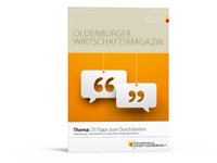 Die Titelseite des Oldenburger Wirtschaftsmagazins 2.21 zeigt Anführungszeichen in einer Sprechblase vor orangenem Hintergrund. Diese stehen für die im Schwerpunkt verwendeten Zitate und Statements. Foto: iStockphoto.com/Palto