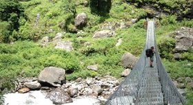 Eine Person steht auf einer Hängebrücke. Foto: Thomas Robbers