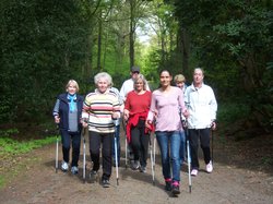 Mehrere Menschen laufen mit Nordic Walking Stöckern im Wald. Foto: Stadt Oldenburg