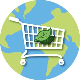 Ein Einkaufswagen und zwei Blätter vor einer Weltkugel. Foto: alarts/AdobeStock Ein Einkaufswagen und zwei Blätter vor einer Weltkugel. Foto: alarts/AdobeStock