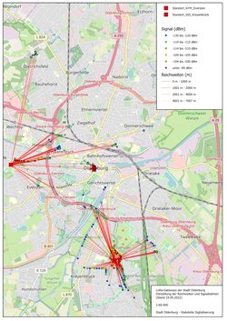 Standorte und Reichweite der Gateways. Grafik: Stadt Oldenburg Standorte und Reichweite der Gateways. Die Standorte sind die IGS Kreynbrück und das Gymnasium in Eversten. Die Reichweite beträgt bis zu 4 Klimometer. Grafik: Stadt Oldenburg