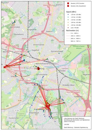 Standorte und Reichweite der Gateways. Grafik: Stadt Oldenburg Standorte und Reichweite der Gateways. Die Standorte sind die IGS Kreynbrück und das Gymnasium in Eversten. Die Reichweite beträgt bis zu 4 Klimometer. Grafik: Stadt Oldenburg