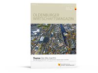 Das Titelfoto des Oldenburger Wirtschaftsmagazins 3.21 zeigt eine Luftaufnahme des Bereichs um den Oldenburger Bahnhof und Hafen. Foto: Möwenblick