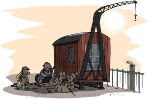 Unterschiedlichste Menschen sitzen im Schatten eines Kranwagens. Illustration: Hannes Mercker Unterschiedlichste Menschen sitzen im Schatten eines Kranwagens. Illustration: Hannes Mercker