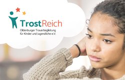 Mädchen schaut traurig, Logo von TrostReich. Bild: FatCamera, iStockphoto.com