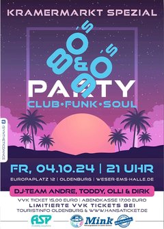 Plakat zur 80's & 90's Party am 4. Oktober 2024. Copyright: Mink Werbetechnik Stuhr