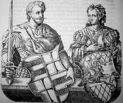 Graf Egilmar I. von Oldenburg mit seiner Gemahlin Richenza, fiktives Kupferstich-Portrait aus der Hamelmann-Chronik, 1599. Quelle: Stadtmuseum