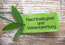 Grünes Schildchen mit Schriftzug „Nachhaltigkeit und Verantwortung“. Foto: stockpics/Fotolia.de