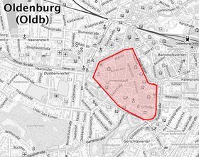 Der Bereich der Oldenburger Innenstadt rot markiert. Quelle: Stadt Oldenburg