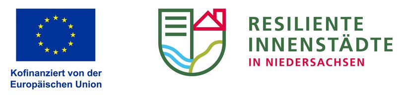 Logo des Förderprogramms Resiliente Innenstädte in Niedersachsen, operationelles Multifondsprogramm EFRE/ESF+, kofinanziert durch die EU. Quelle: EU Logo des Förderprogramms Resiliente Innenstädte in Niedersachsen, operationelles Multifondsprogramm EFRE/ESF+, kofinanziert durch die EU. Quelle: EU