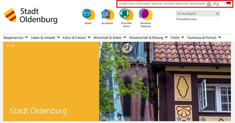 Die Metanavigation auf www.oldenburg.de ist eingekreist. Foto: Stadt Oldenburg