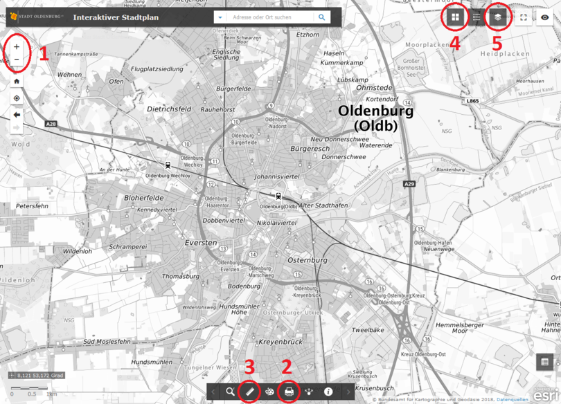 Auszug aus dem Stadtplan, in dem die wichtigsten Funktionen markiert sind. Quelle: Stadt Oldenburg