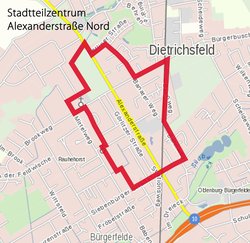 Umgrenzung des zu entwickelnden Stadtteilzentrums Alexanderstraße Nord. Foto: Stadt Oldenburg